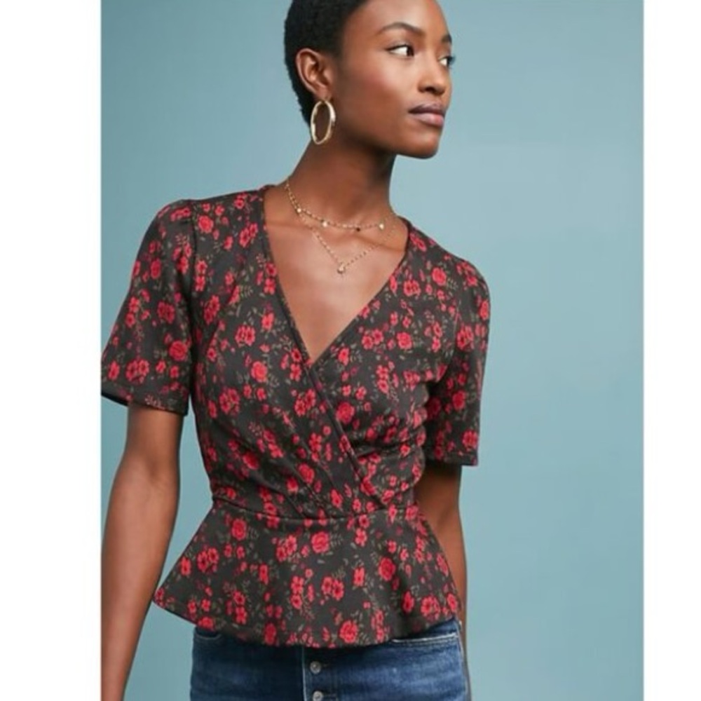 Meadow Rue for Anthropologie Heartland Faux Wrap Floral Peplum Top Cottagecore